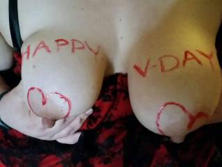 I thought I should tell everyone happy Valentine's Day. Special thanks to the Dom for helping paint my titties and take the pics. Do you want me to paint something on them?