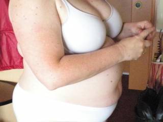 Me in my white bra and panties. My Hubby tells me I look very hot and he love my belly in this pic.