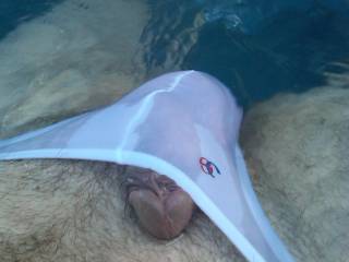 Checking how transparent the white Joe Snyder thong is while wet - something started waking up!